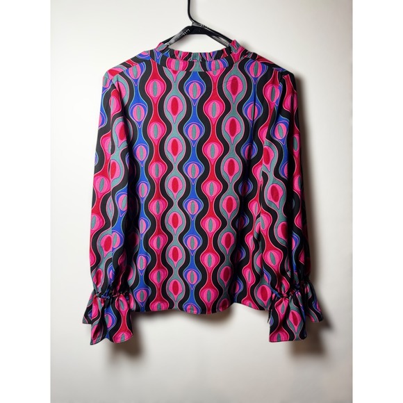 Nicole Miller Geometric Groovy Print V Neck Ruffle Sleeve Blouse Womens M NWOT - Picture 5 of 5